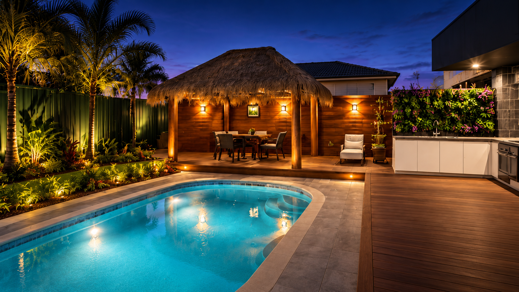 Design inspiration: a twilight swimming pool beside a timber cabana and illuminated garden